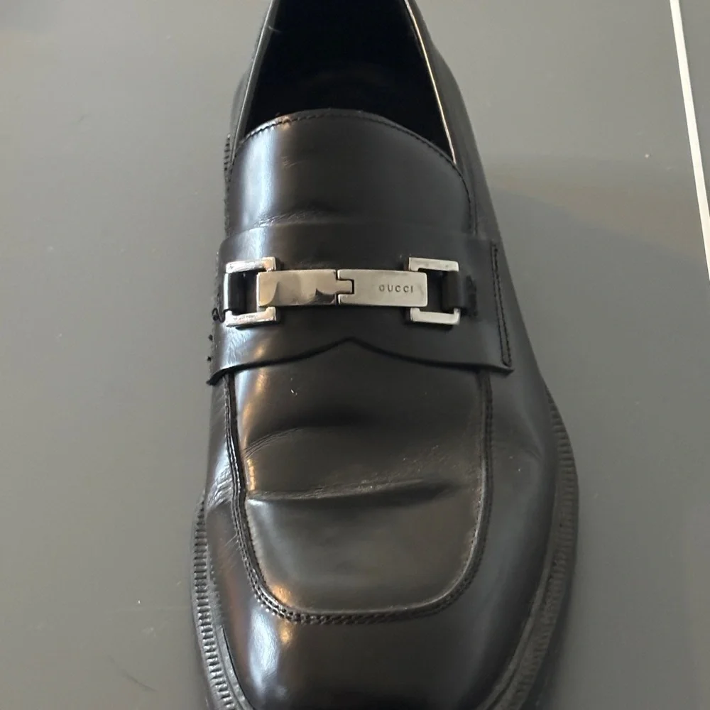 Gucci Black Leather Slip-On Loafers with Silver Horsebit